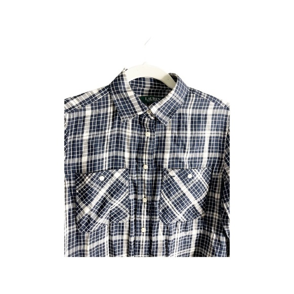 Lauren Ralph Lauren navy and white plaid lightweight 2 pocket button up size Med - Picture 2 of 10